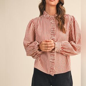 &Merci Striped Ruffle Button Down Red Rust Color Womens Size Medium NWT